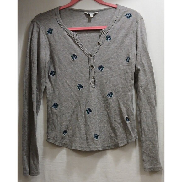 Lucky Brand Thermal Long Sleeve Blue Embroidered 1/4 Button Women's XS Top Note - Picture 1 of 6